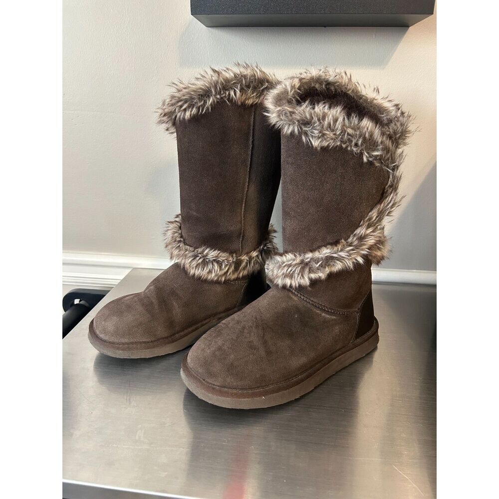 Bearpaw Sheilah Chocolate Suede Tall Winter Boots Faux Fur Trim Women's Size